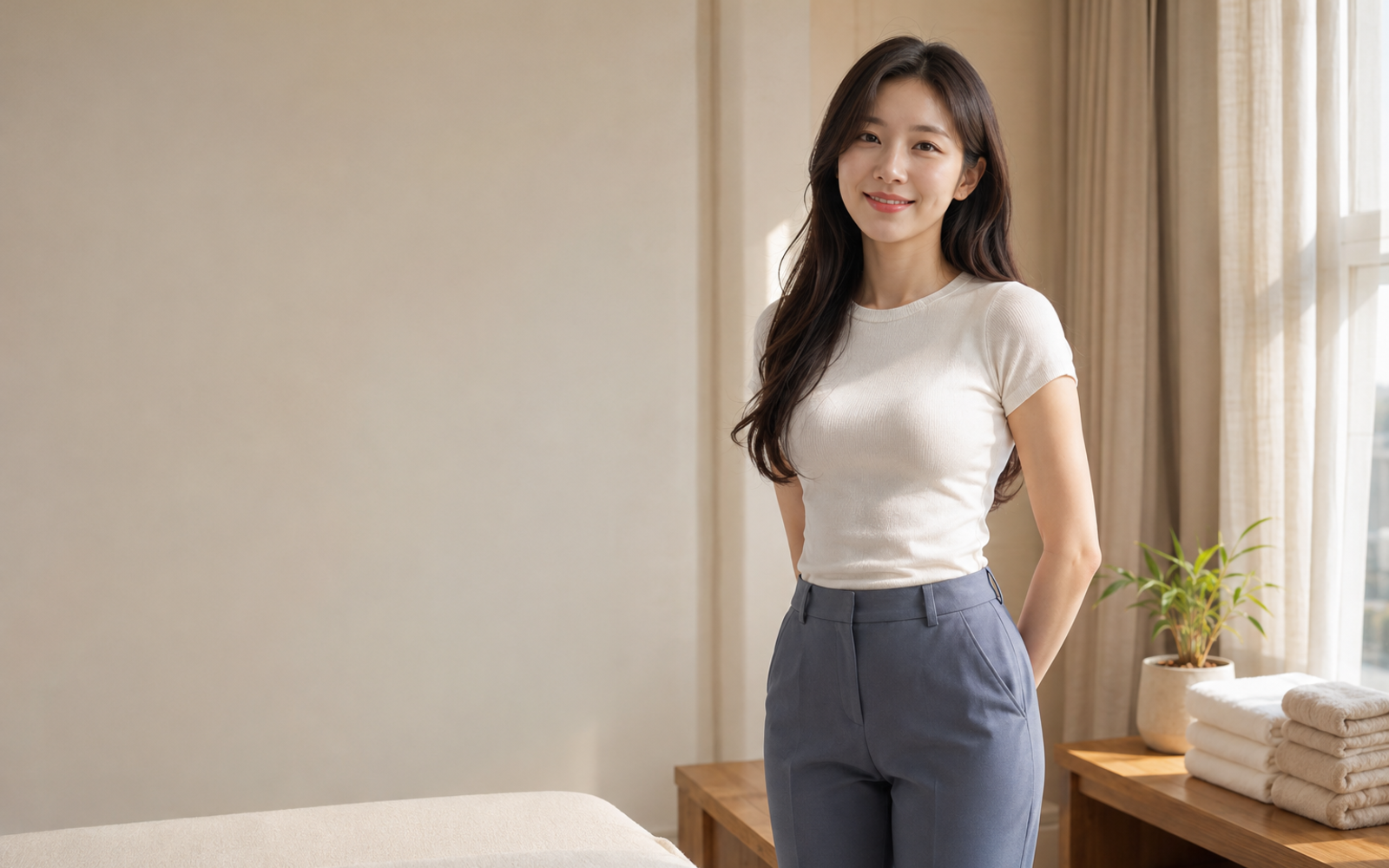 서울 서초구 방문 홈케어를 안내하는 젊은 성인 한국 여성 관리사